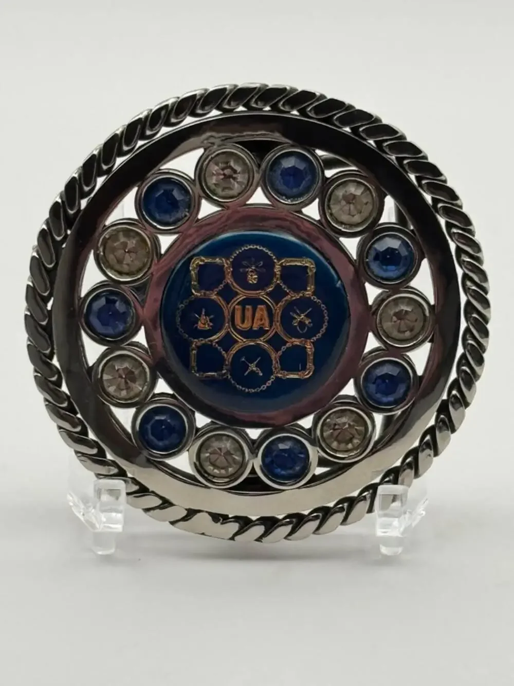 UA Multi Sport Medallion Blue Cabochon Rope Border Belt Buckle Vintage Western